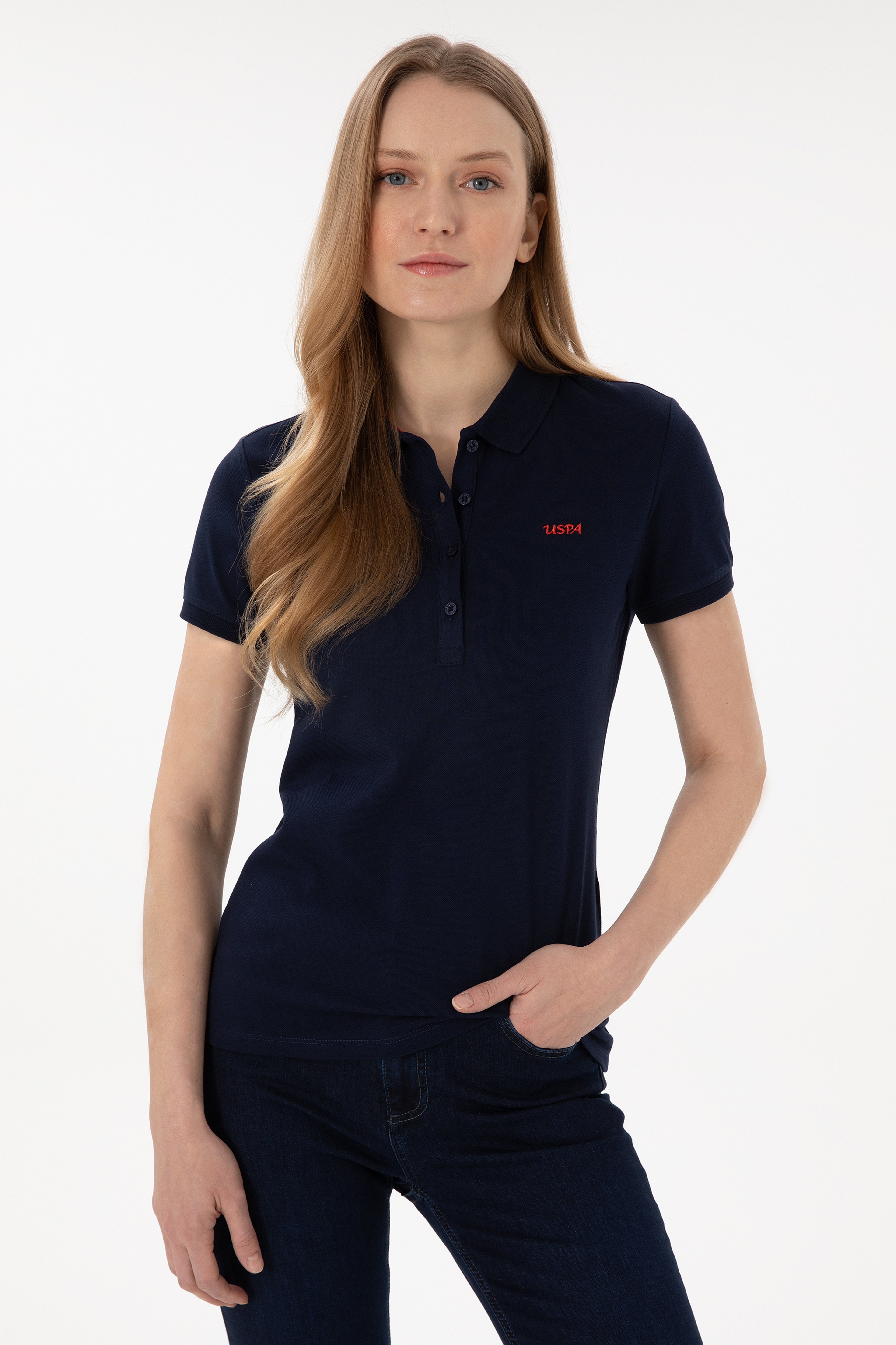 Kadın Lacivert Basic Polo Yaka Tişört - Image 1