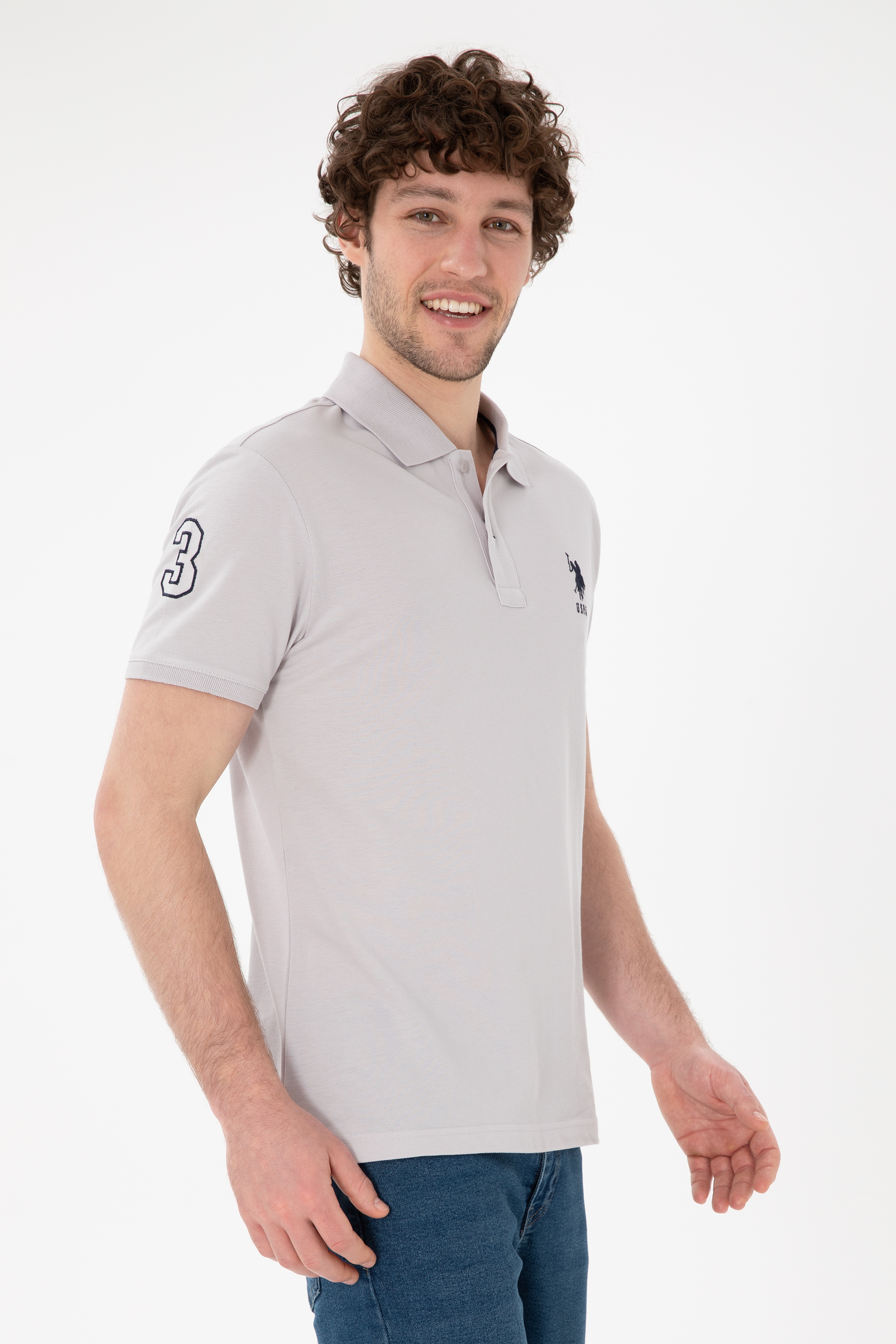 Erkek Slim Fit Polo Yaka Açık Gri Basic Tişört - Image 2