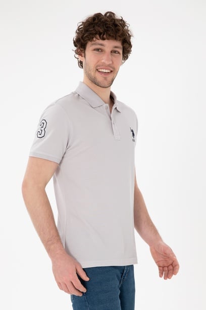 Erkek Slim Fit Polo Yaka Açık Gri Basic Tişört