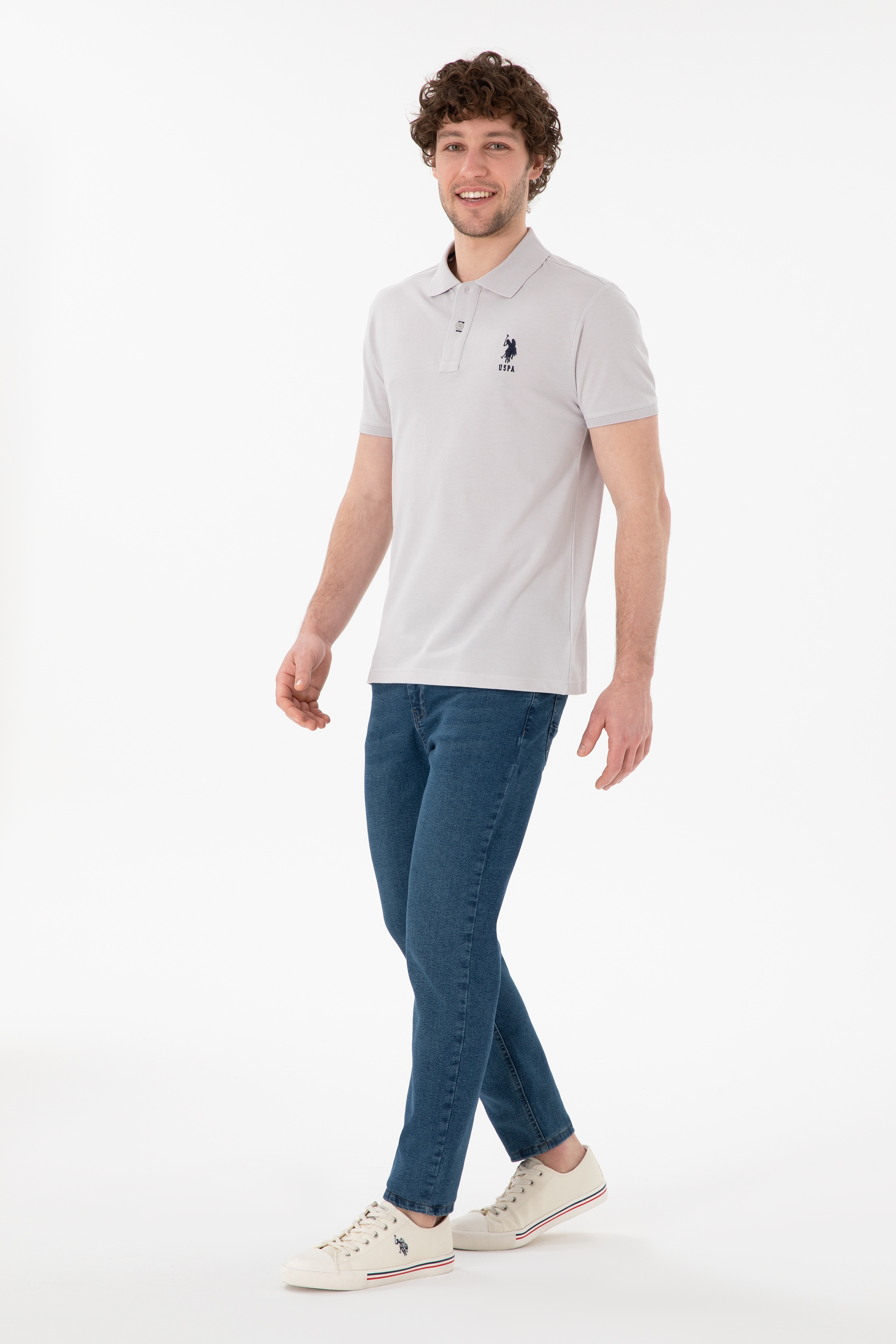 Erkek Slim Fit Polo Yaka Açık Gri Basic Tişört - Image 5