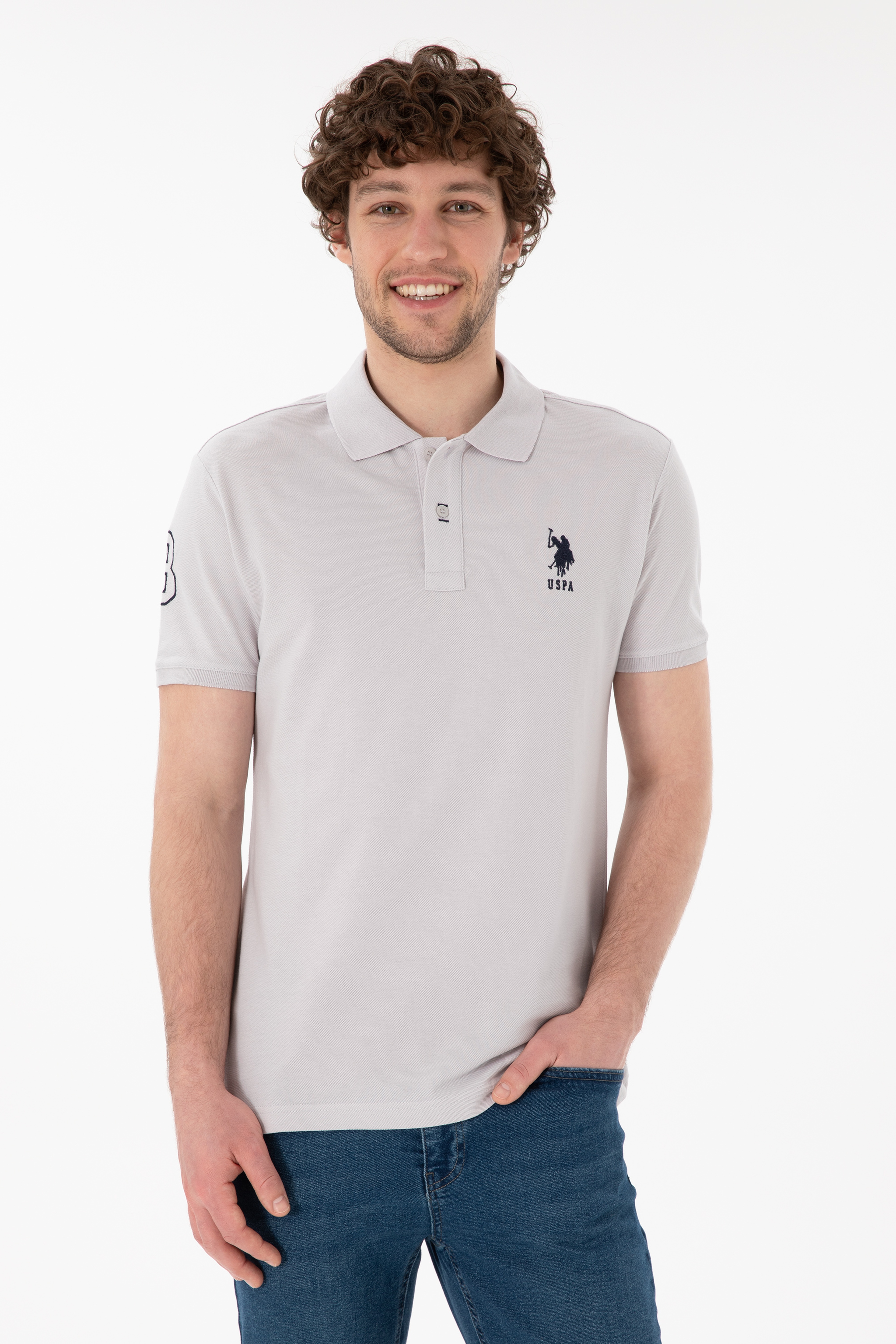 Erkek Slim Fit Polo Yaka Açık Gri Basic Tişört - Image 1