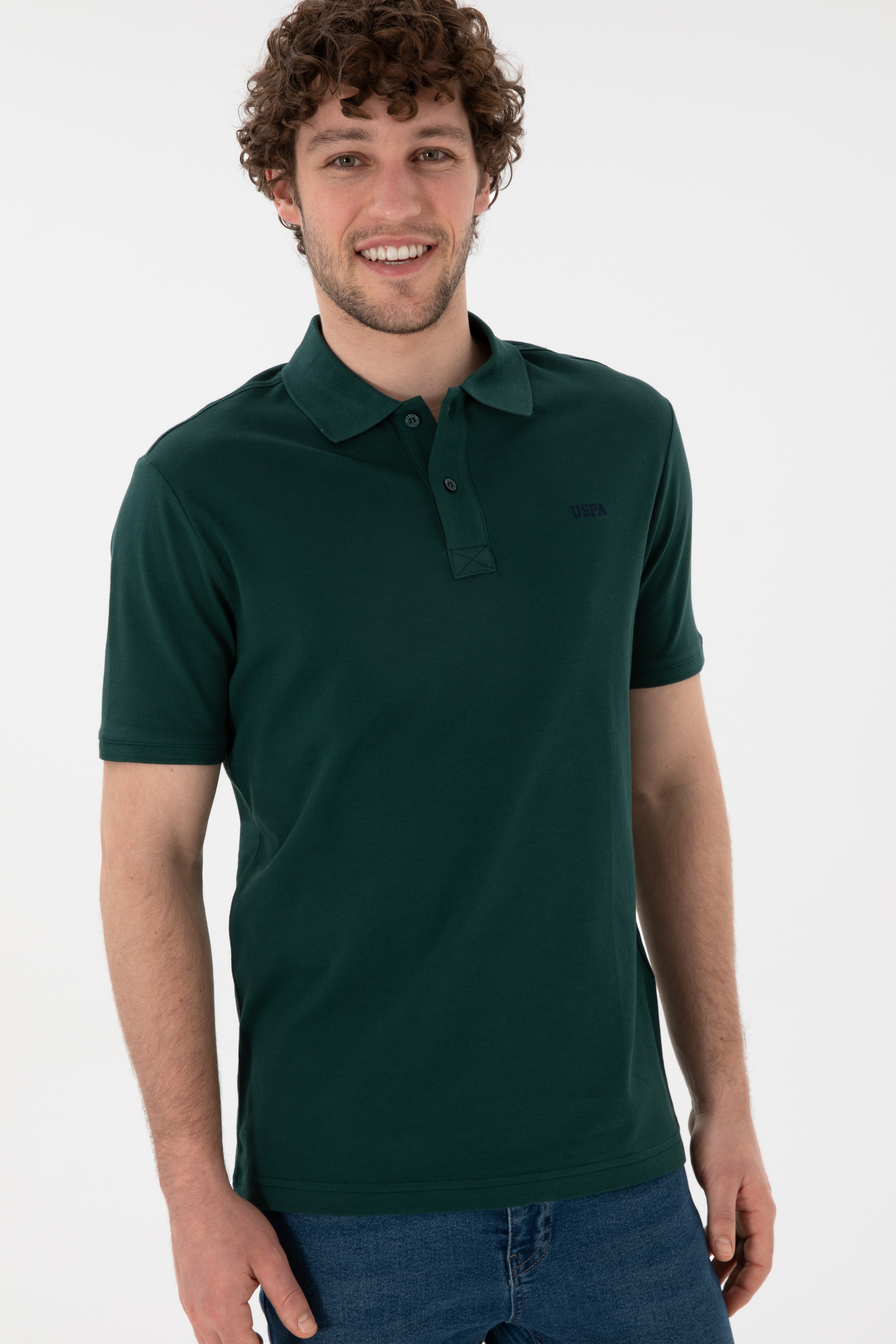Erkek Regular Fit Polo Yaka Koyu Yeşil Basic Tişört