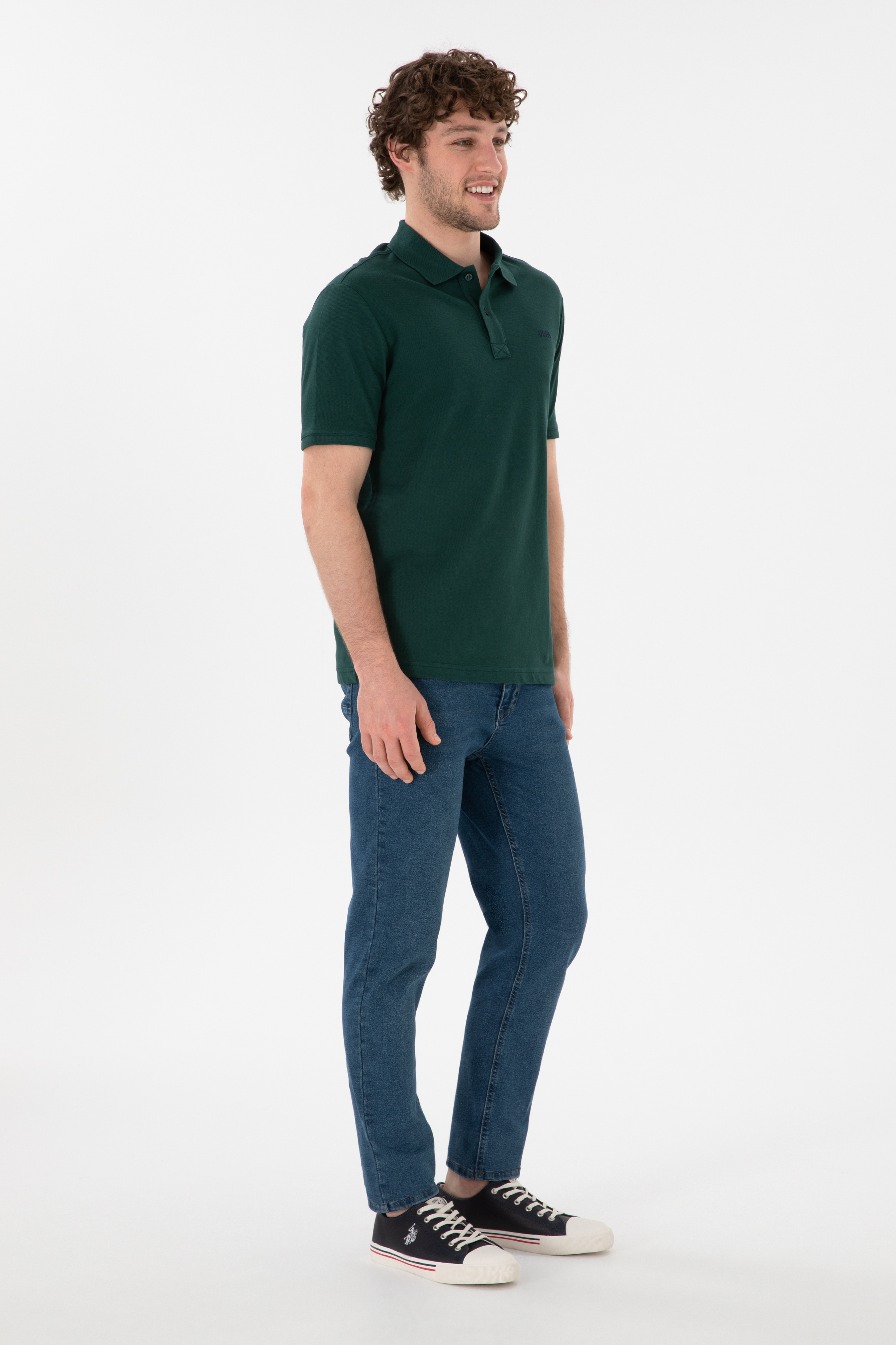 Erkek Regular Fit Polo Yaka Koyu Yeşil Basic Tişört