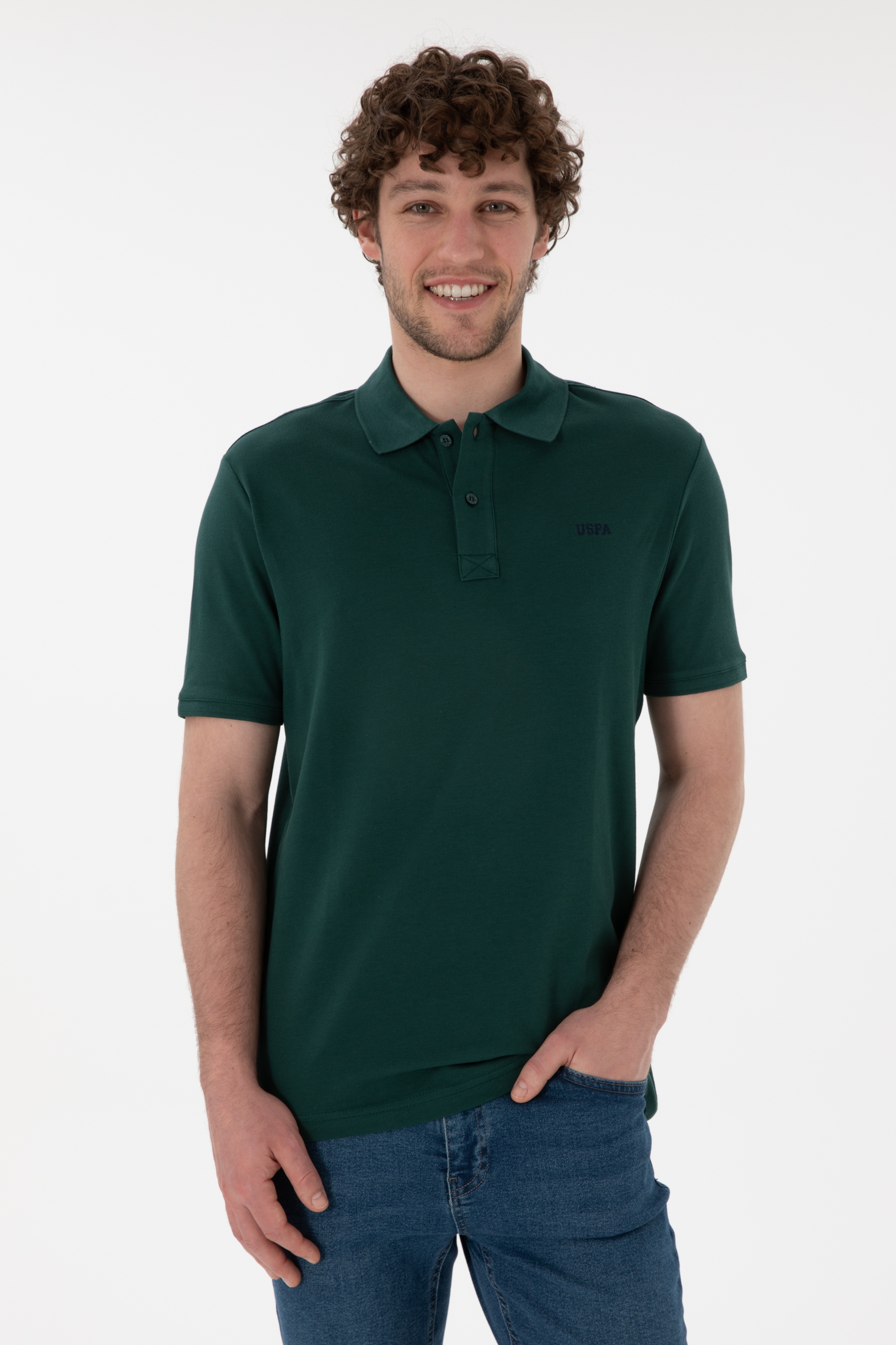 Erkek Regular Fit Polo Yaka Koyu Yeşil Basic Tişört - Image 1
