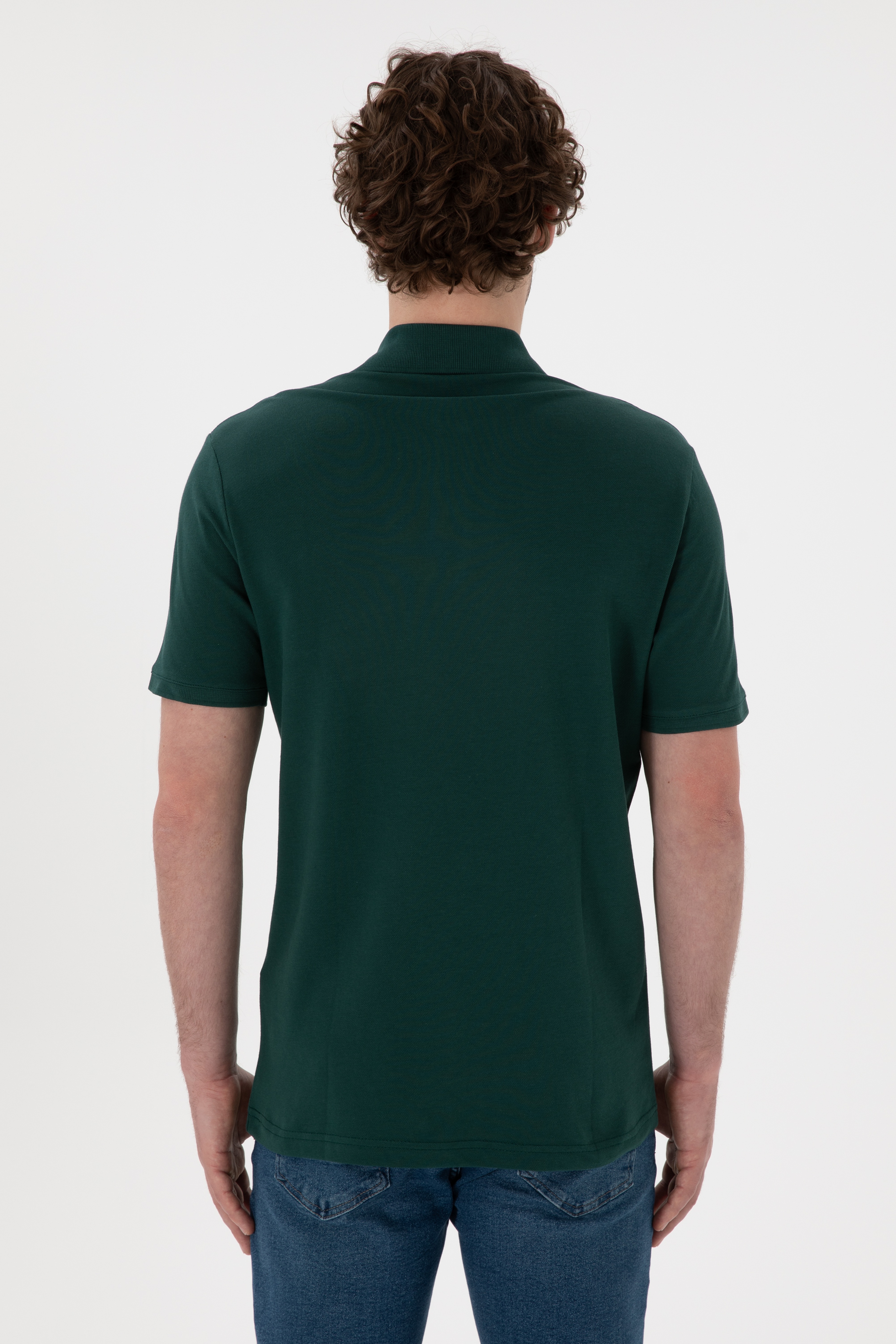 Erkek Regular Fit Polo Yaka Koyu Yeşil Basic Tişört - Image 6