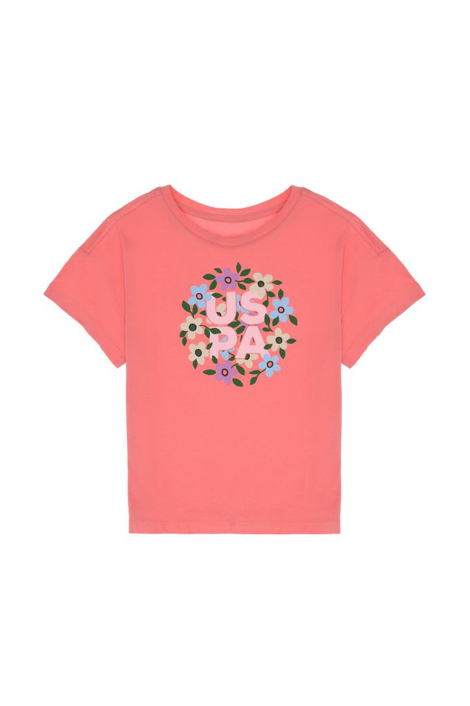 Kız Çocuk Pembe Bisiklet Yaka Çiçek Baskılı Pamuk Tişört