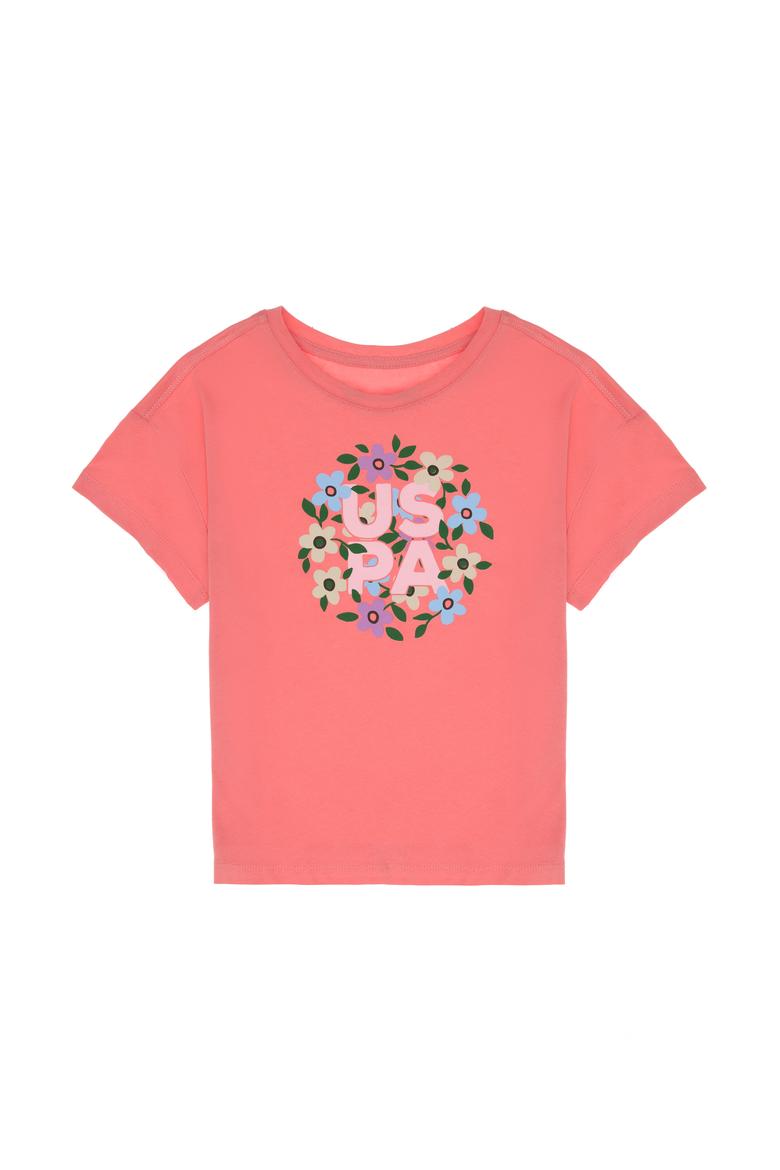 Kız Çocuk Pembe Bisiklet Yaka Çiçek Baskılı Pamuk Tişört