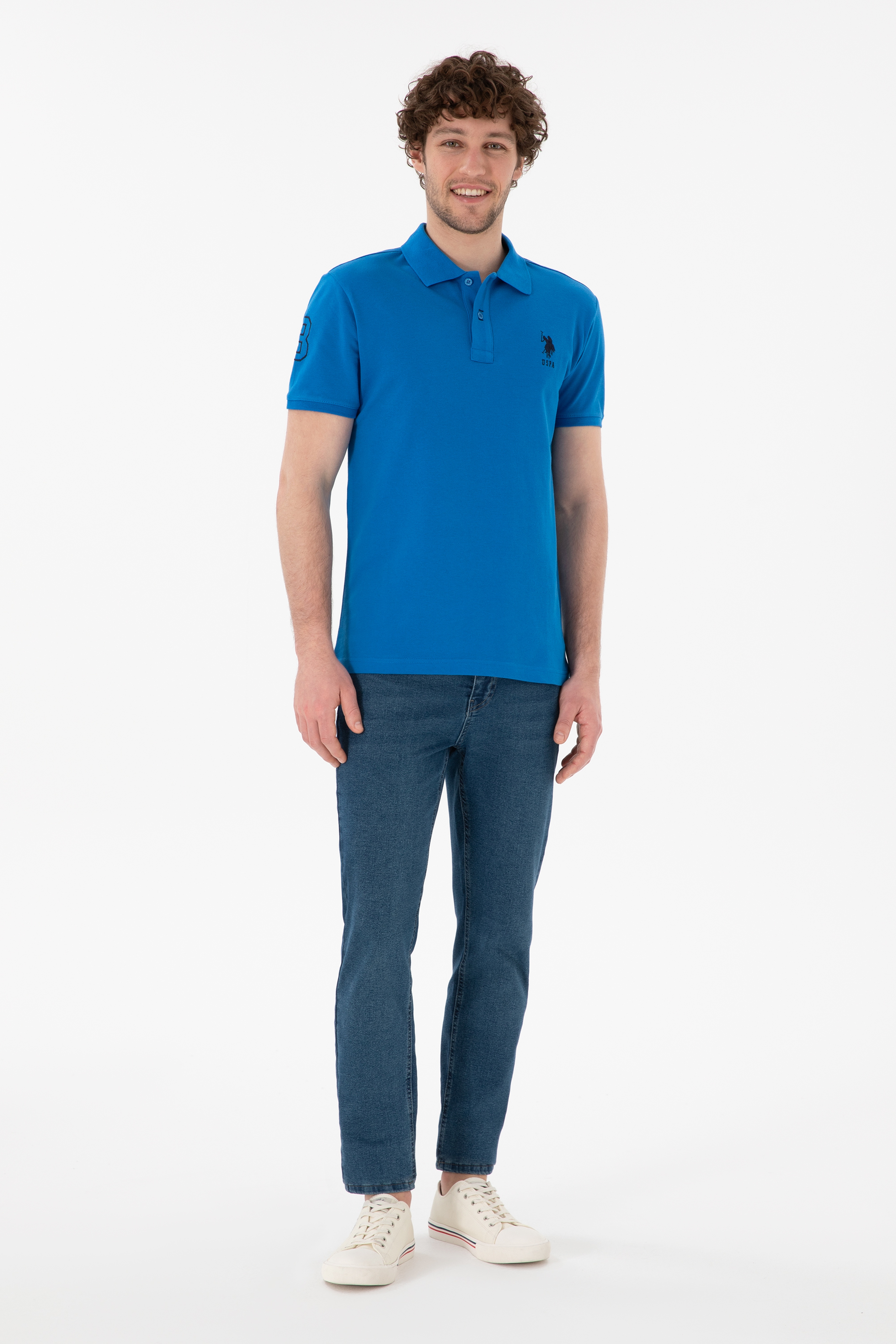 Erkek Slim Fit Polo Yaka Kobalt Mavi Basic Tişört - Image 5