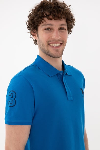Erkek Slim Fit Polo Yaka Kobalt Mavi Basic Tişört