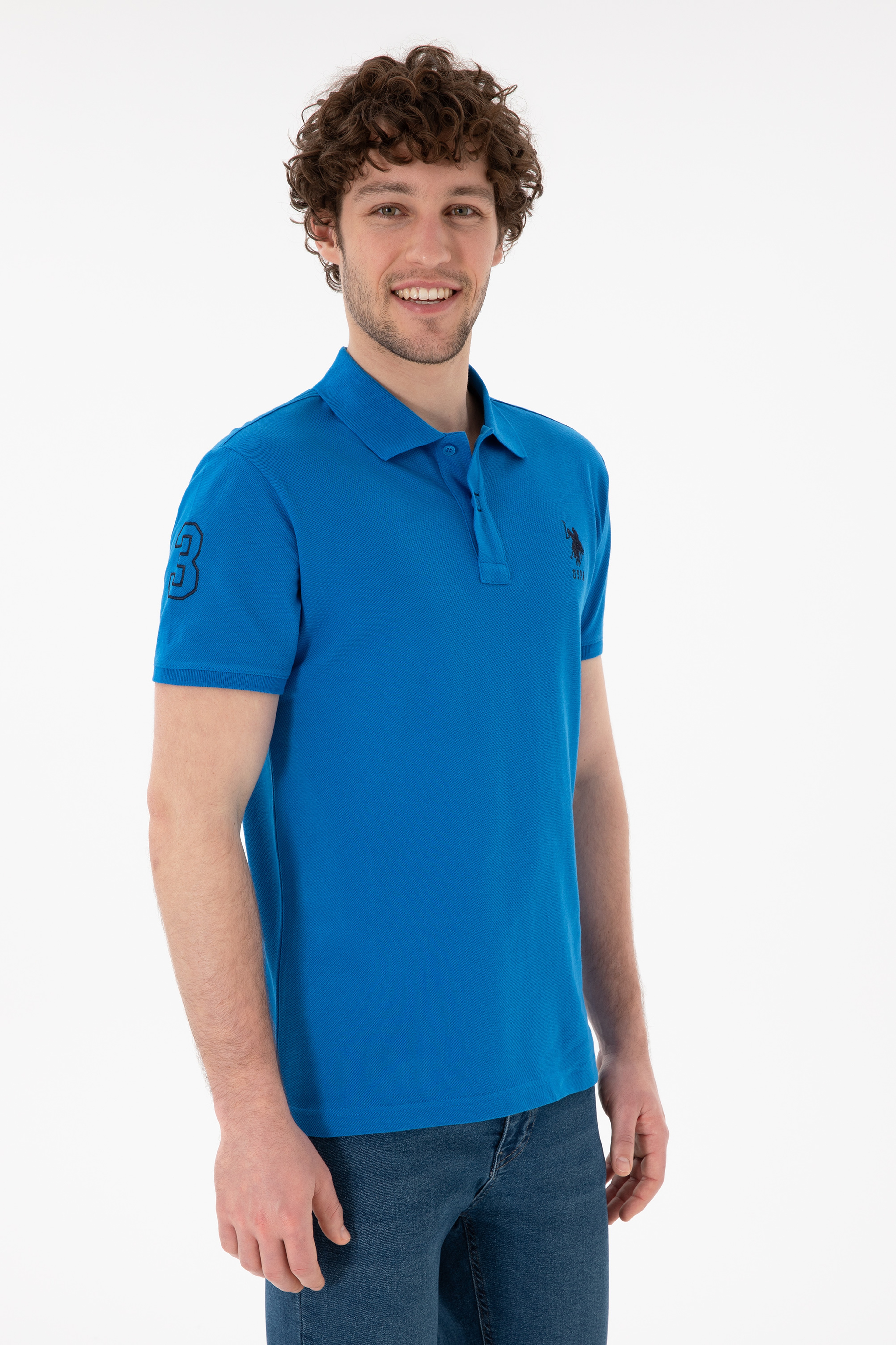 Erkek Slim Fit Polo Yaka Kobalt Mavi Basic Tişört - Image 2