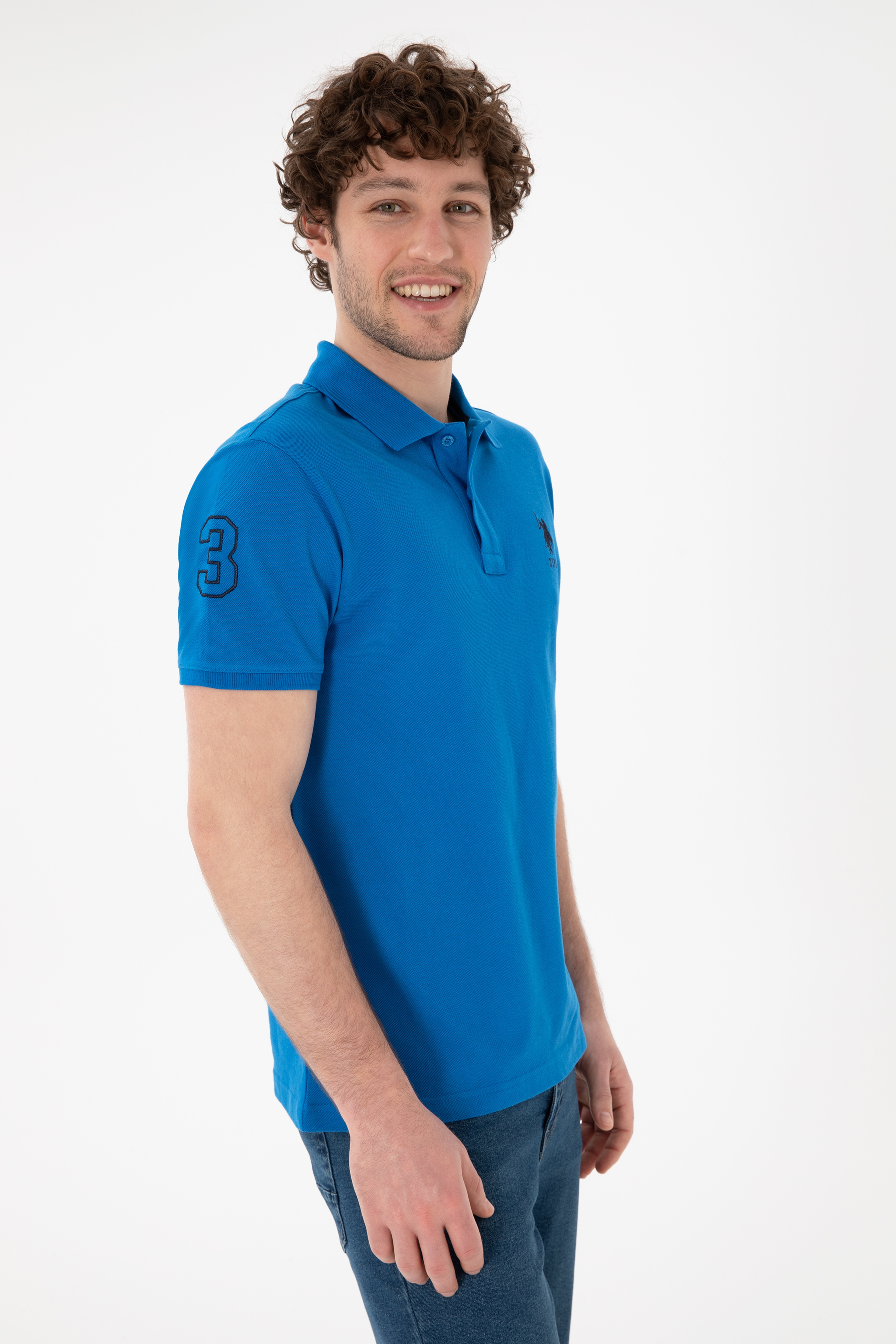 Erkek Slim Fit Polo Yaka Kobalt Mavi Basic Tişört - Image 4