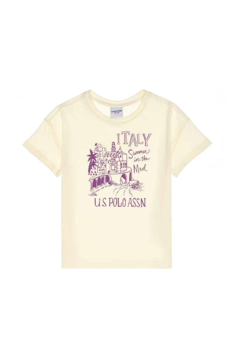 Kız Çocuk Krem Bisiklet Yaka Baskılı Pamuk Tişört