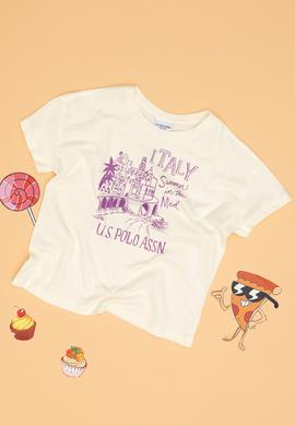 Kız Çocuk Krem Bisiklet Yaka Baskılı Pamuk Tişört - 50306178009