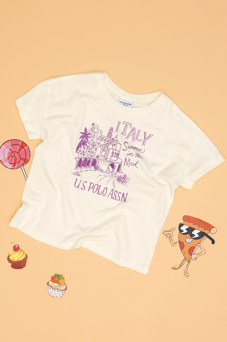 Kız Çocuk Krem Bisiklet Yaka Baskılı Pamuk Tişört