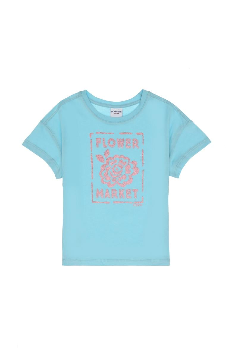 Kız Çocuk Aqua Bisiklet Yaka Çiçek Baskılı Pamuk Tişört