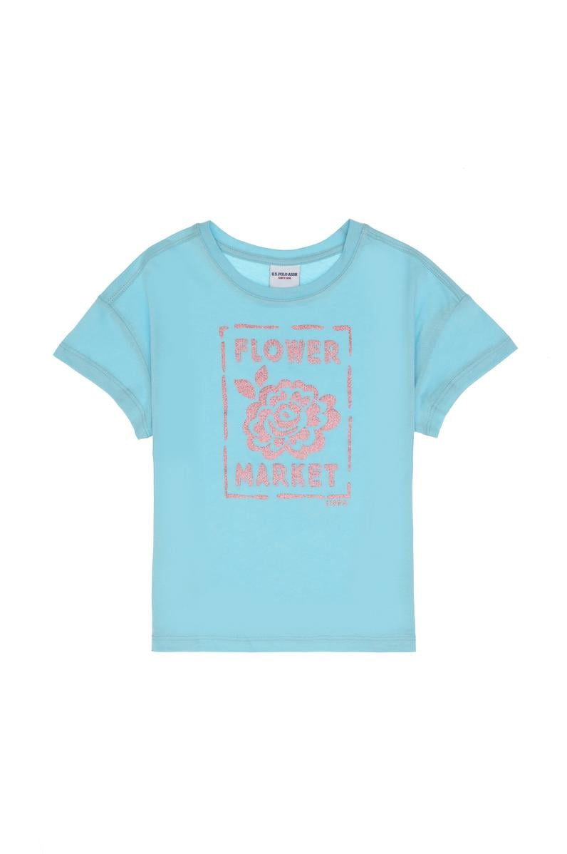 Kız Çocuk Aqua Bisiklet Yaka Çiçek Baskılı Pamuk Tişört