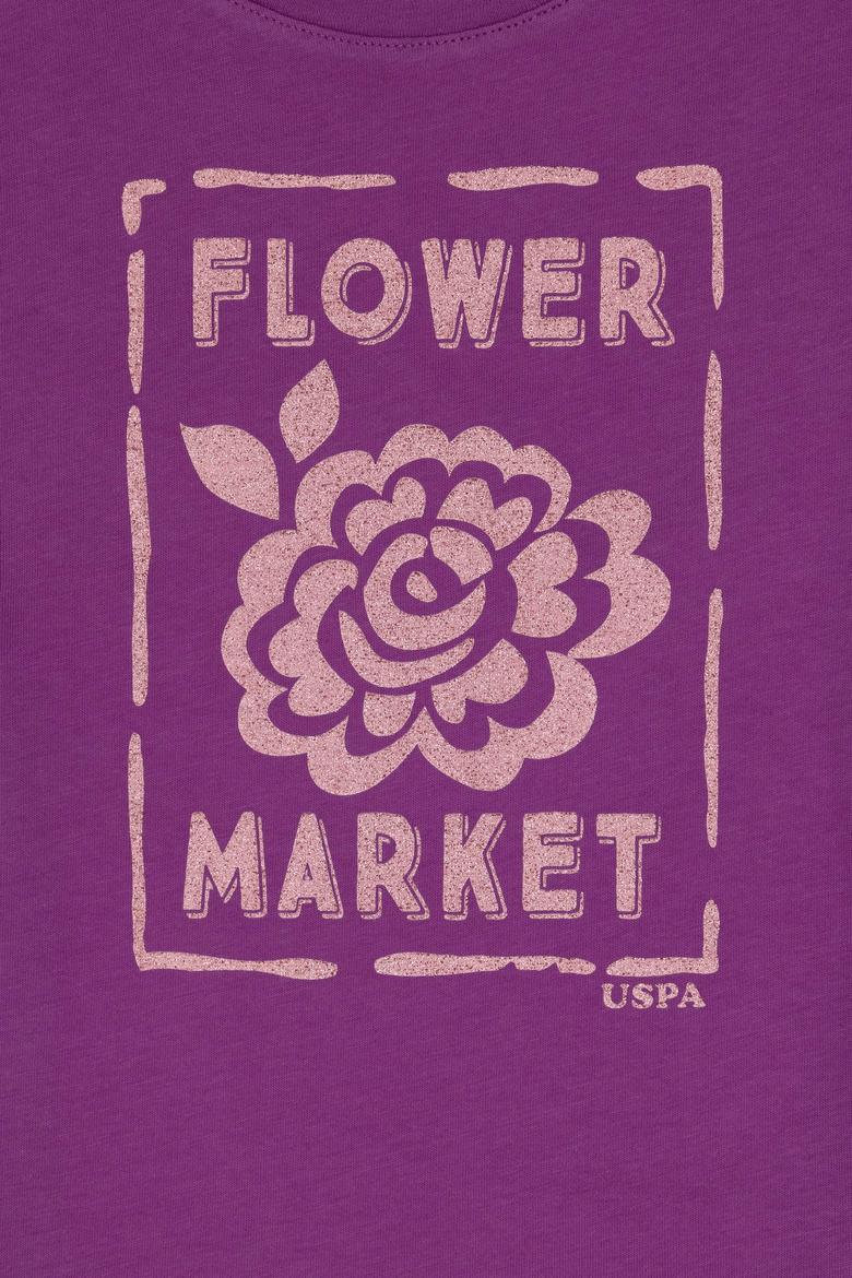 Kız Çocuk Menekşe Bisiklet Yaka Çiçek Baskılı Pamuk Tişört - 50306167021