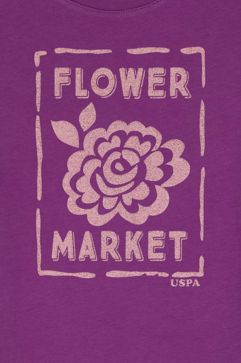 Kız Çocuk Menekşe Bisiklet Yaka Çiçek Baskılı Pamuk Tişört