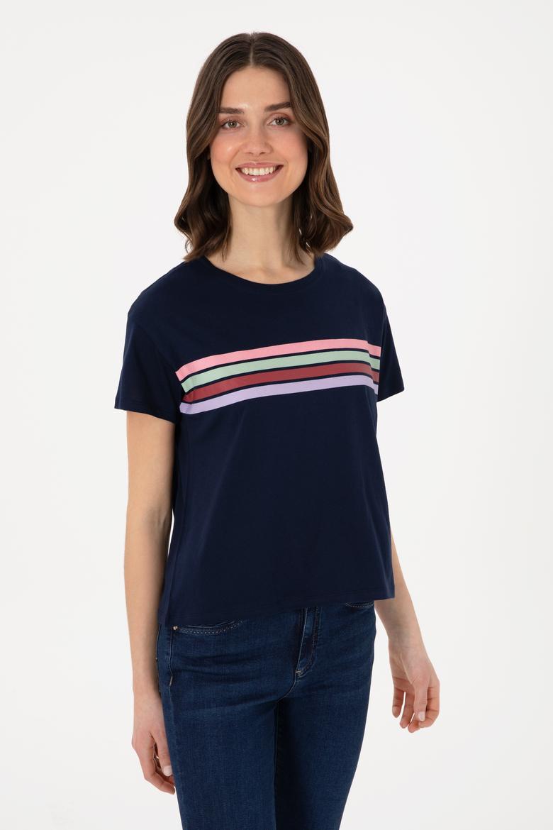 Kadın Lacivert Bisiklet Yaka Tişört - 50308639020