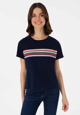 Kadın Lacivert Bisiklet Yaka Tişört - 50308639020