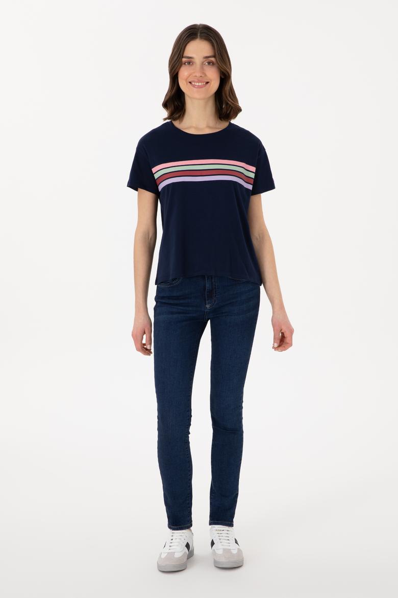 Kadın Lacivert Bisiklet Yaka Tişört - 50308639020