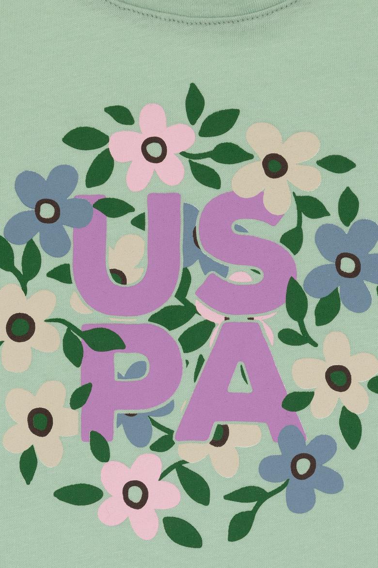 Kız Çocuk Su Yeşili Bisiklet Yaka Çiçek Baskılı Pamuk Tişört - 50306187019