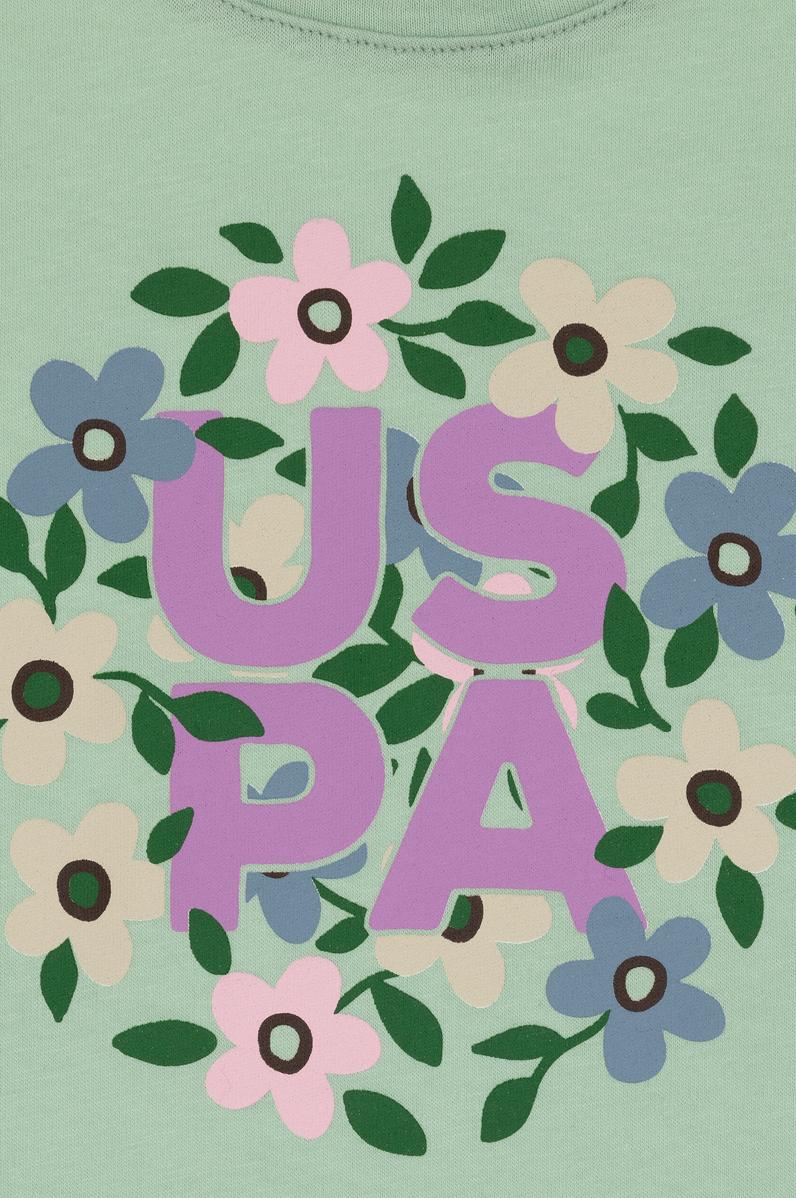 Kız Çocuk Su Yeşili Bisiklet Yaka Çiçek Baskılı Pamuk Tişört