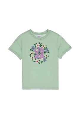 Kız Çocuk Su Yeşili Bisiklet Yaka Çiçek Baskılı Pamuk Tişört - 50306187019