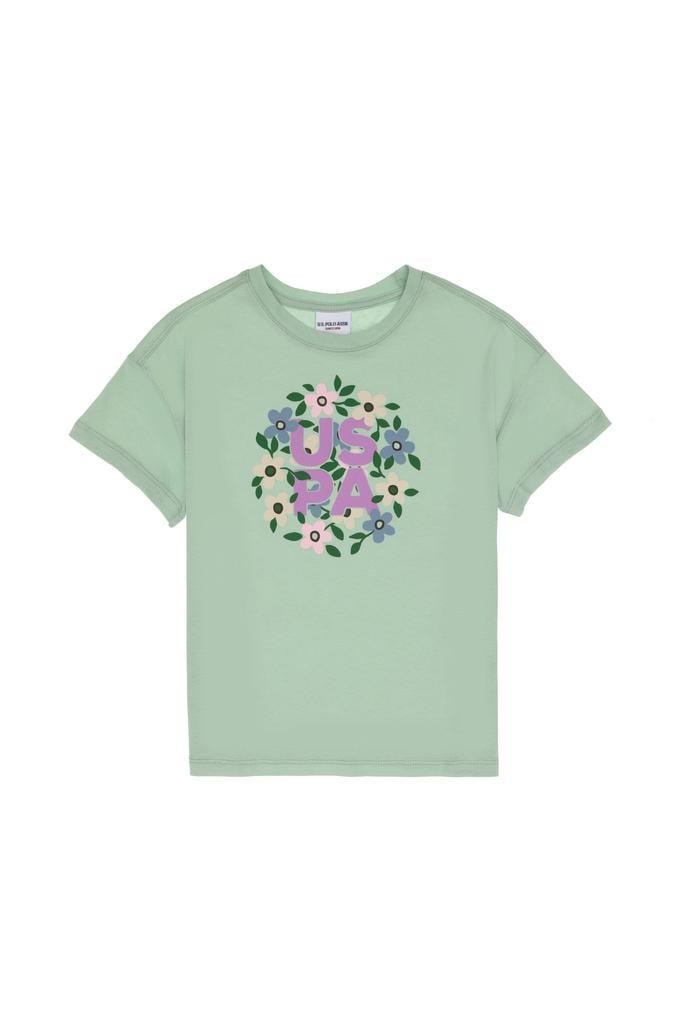 Kız Çocuk Su Yeşili Bisiklet Yaka Çiçek Baskılı Pamuk Tişört