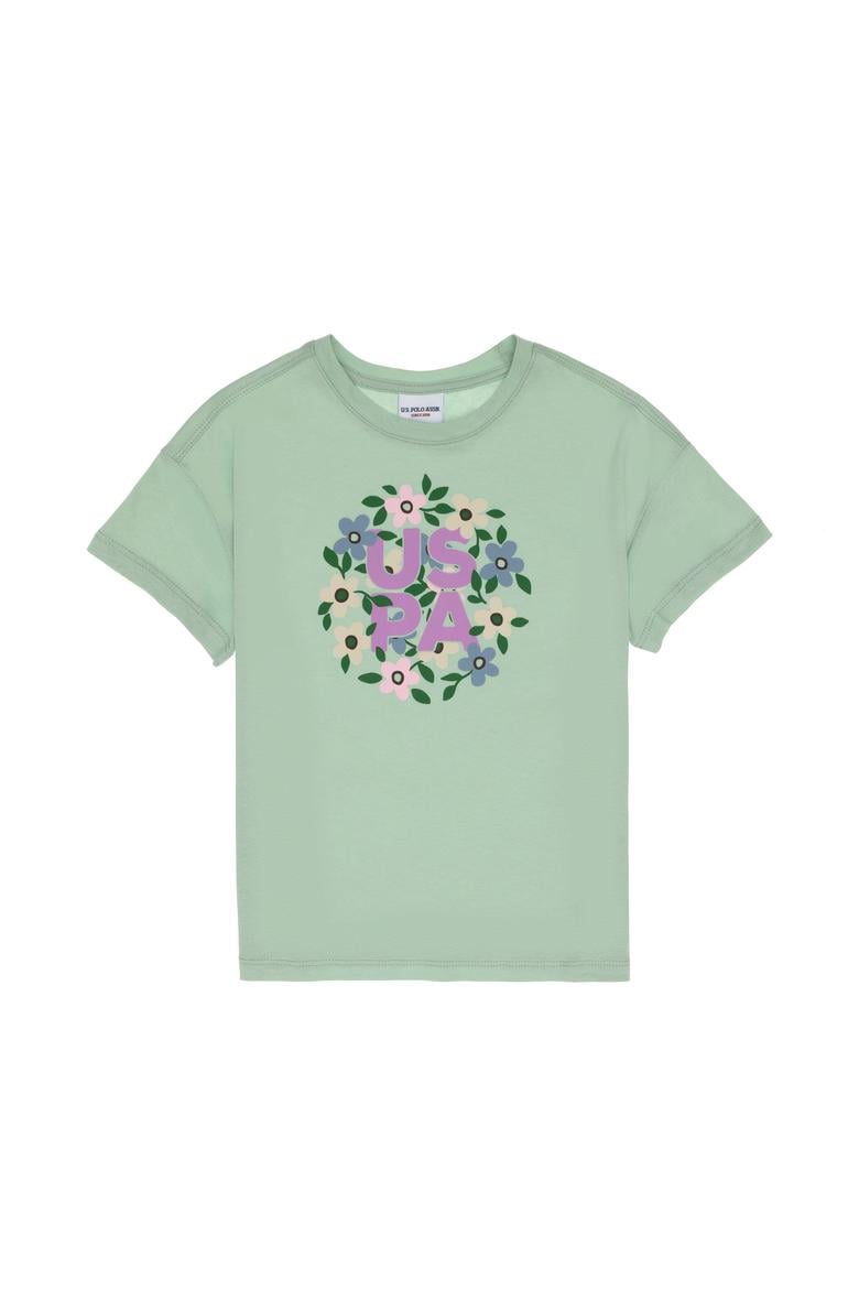 Kız Çocuk Su Yeşili Bisiklet Yaka Çiçek Baskılı Pamuk Tişört