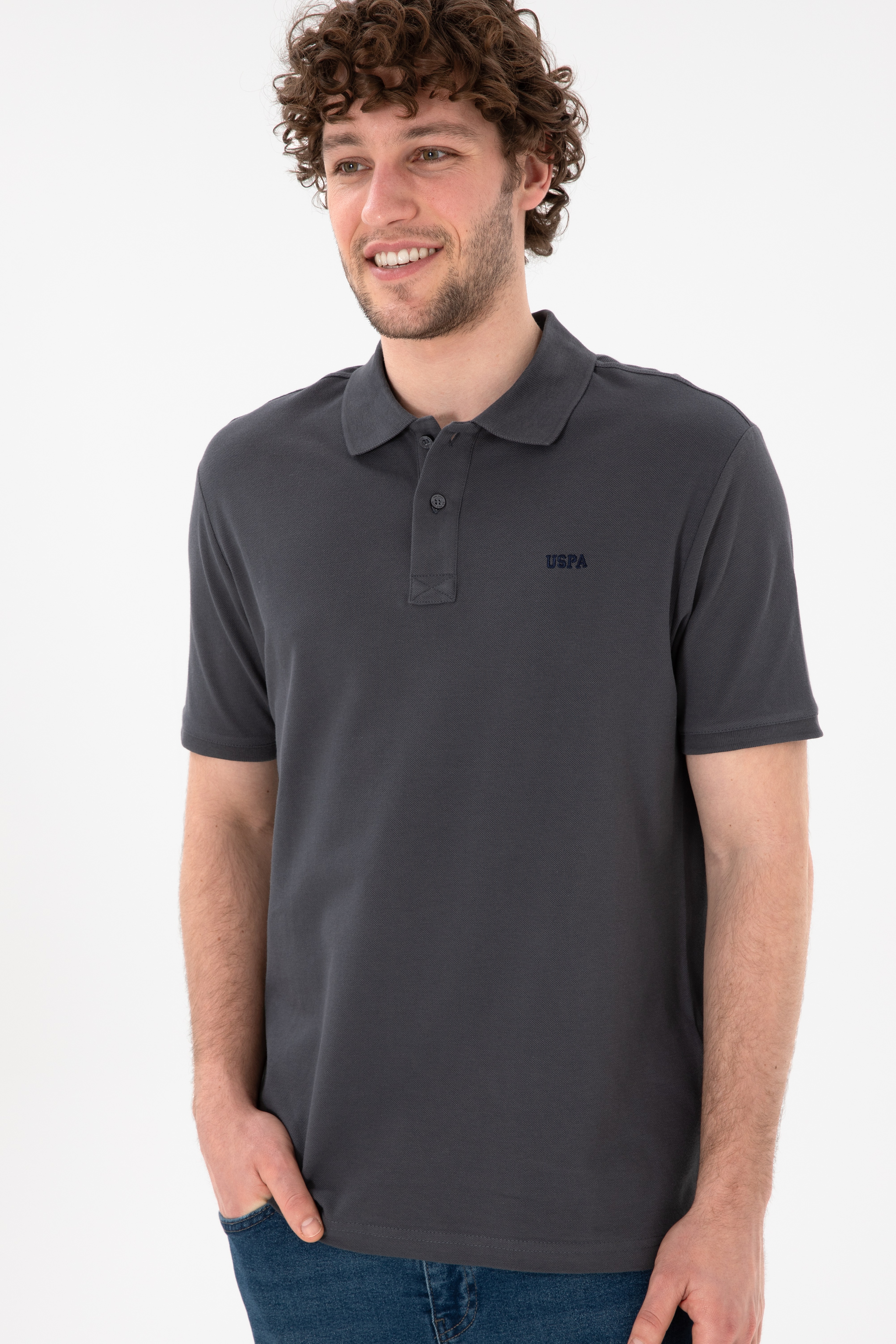 Erkek Regular Fit Polo Yaka Antrasit Basic Tişört
