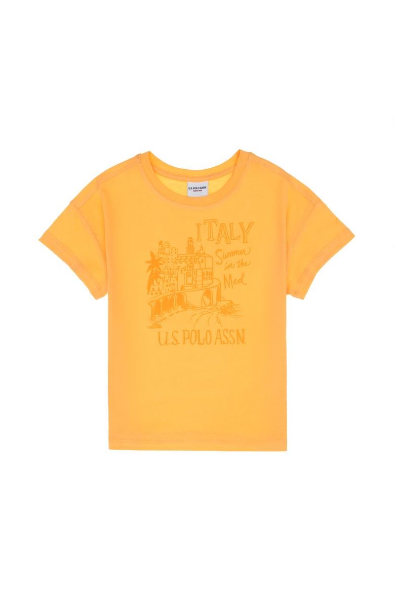 Kız Çocuk Turuncu Bisiklet Yaka Baskılı Pamuk Tişört