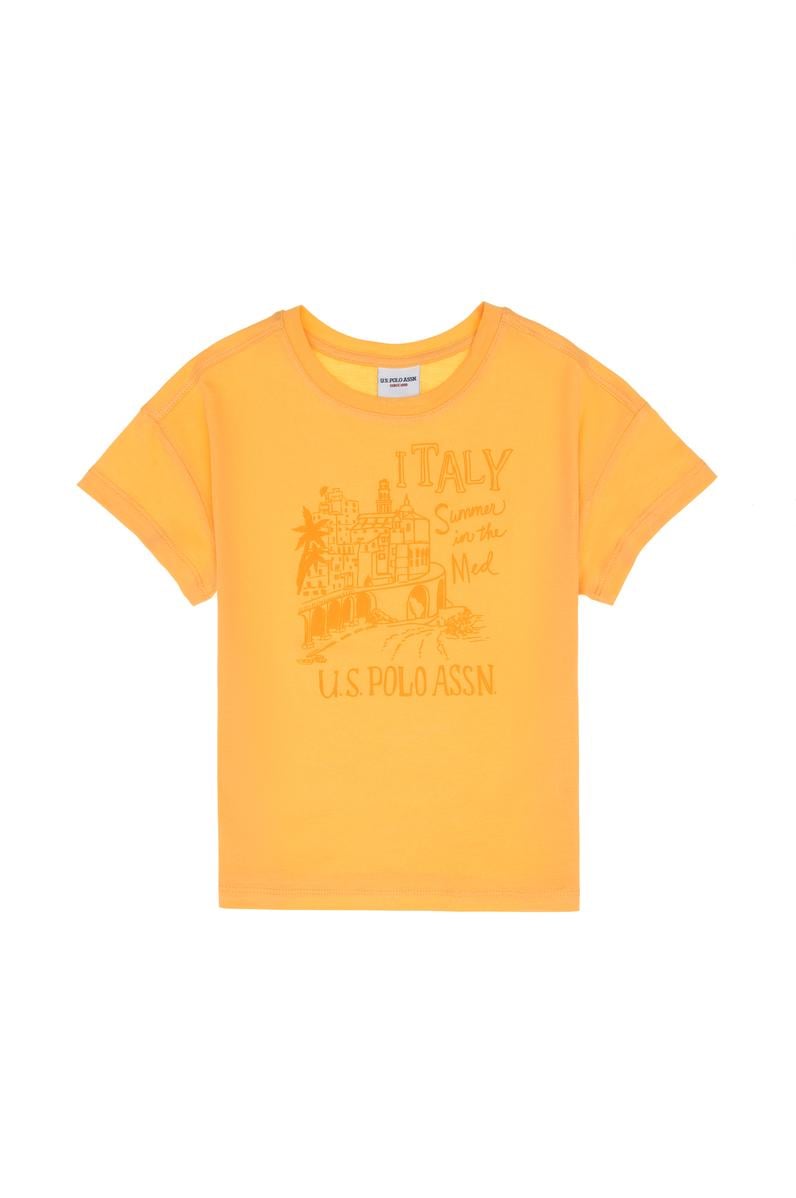 Kız Çocuk Turuncu Bisiklet Yaka Baskılı Pamuk Tişört