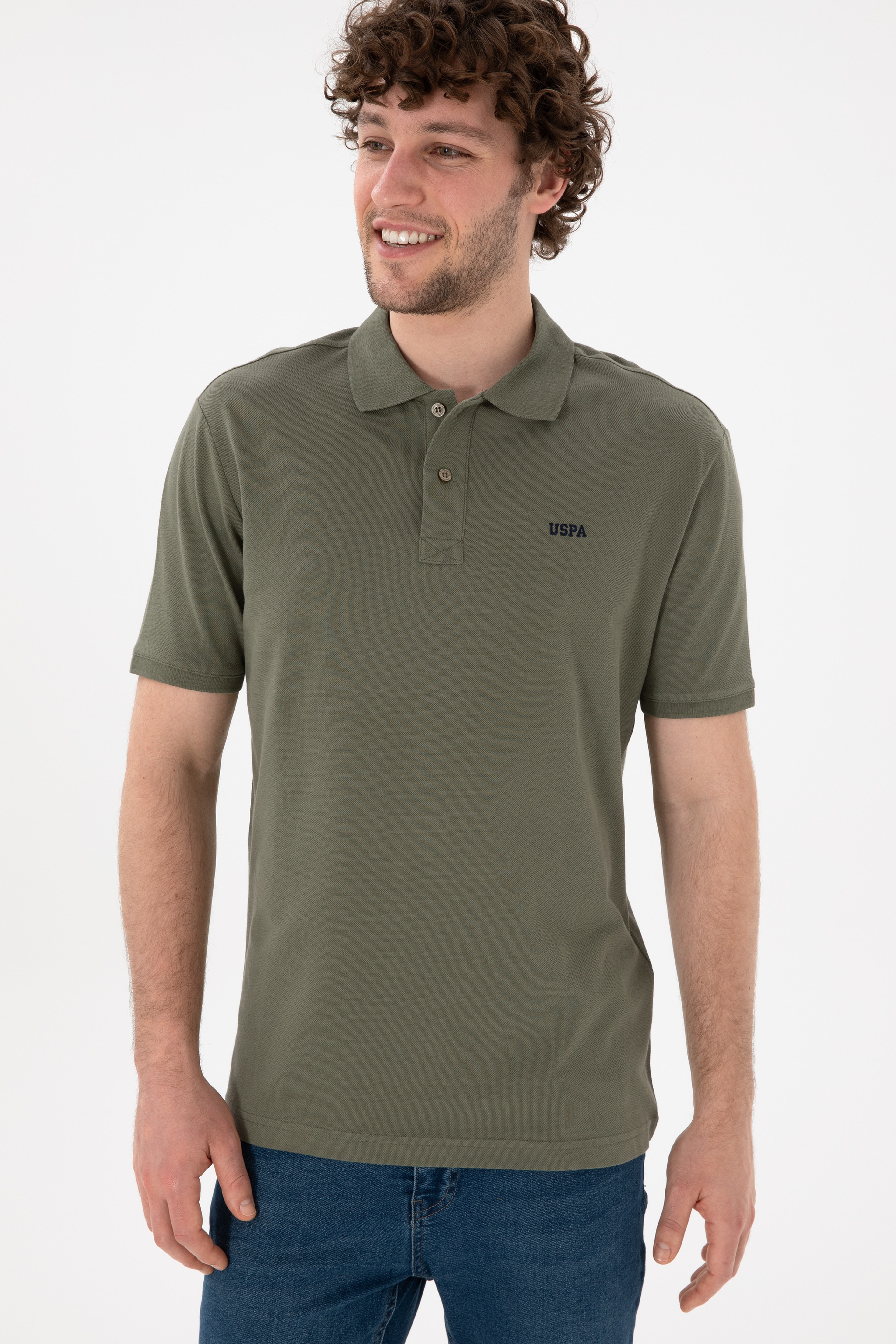 Erkek Regular Fit Polo Yaka Koyu Haki Basic Tişört