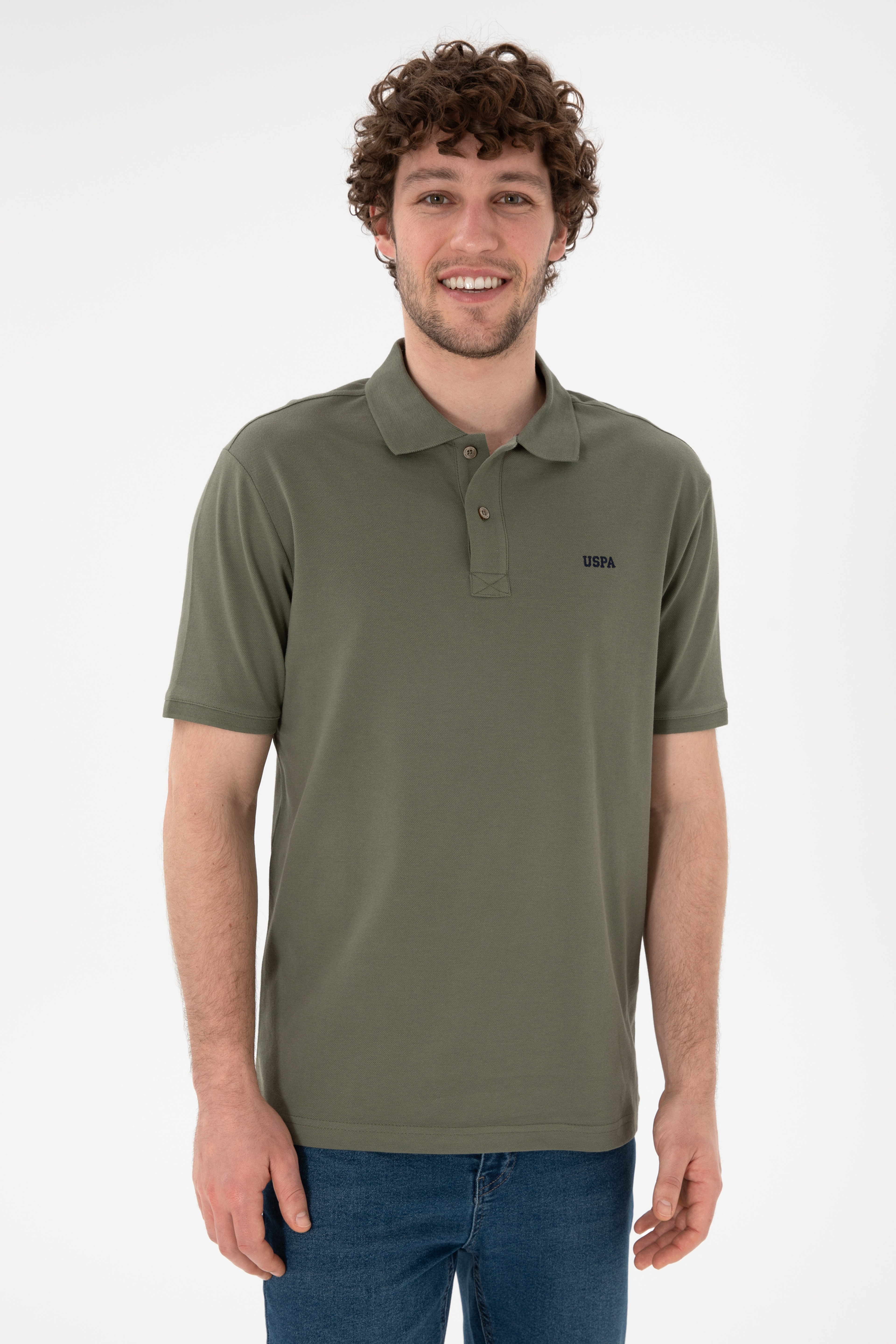 Erkek Regular Fit Polo Yaka Koyu Haki Basic Tişört