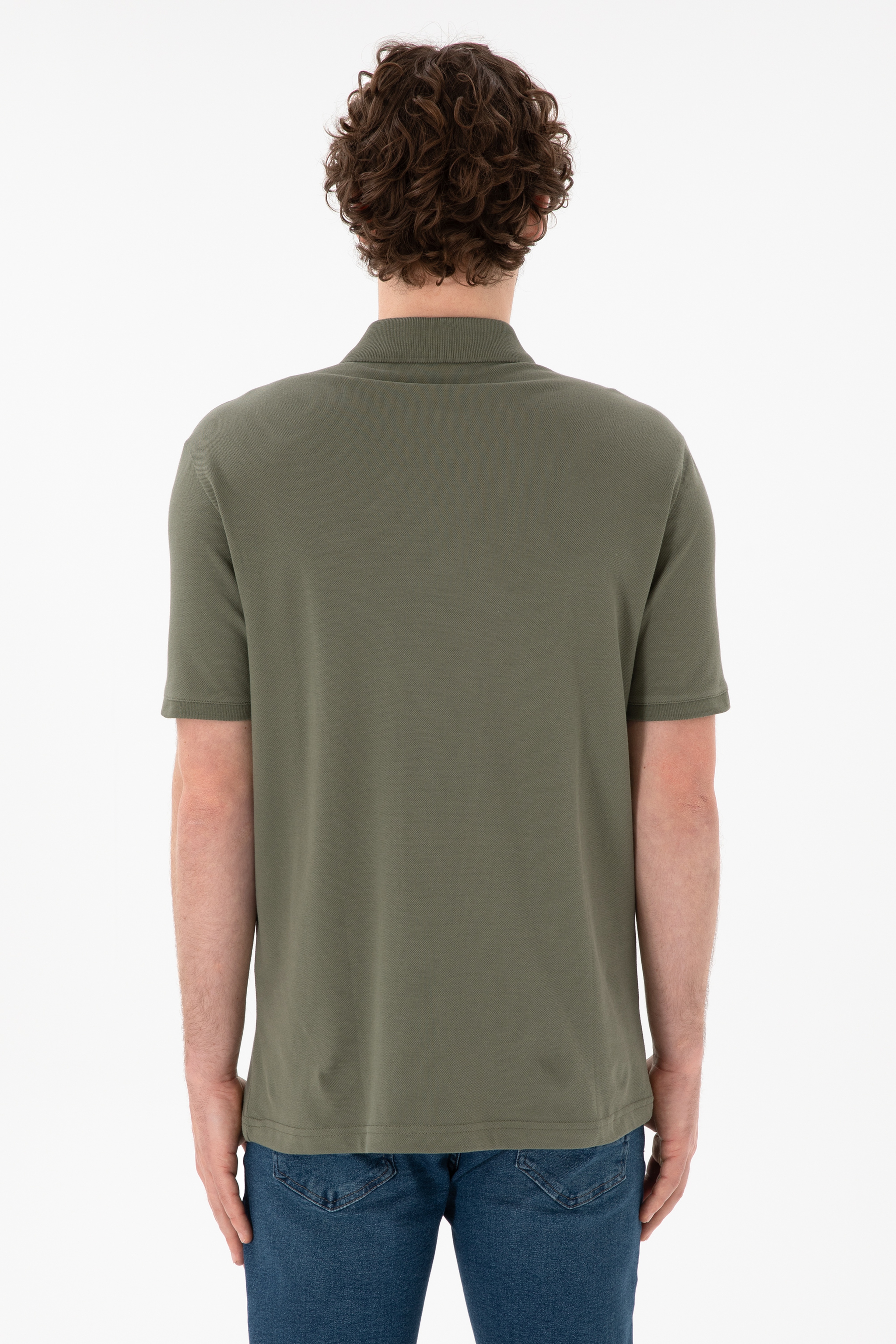 Erkek Regular Fit Polo Yaka Koyu Haki Basic Tişört - Image 6