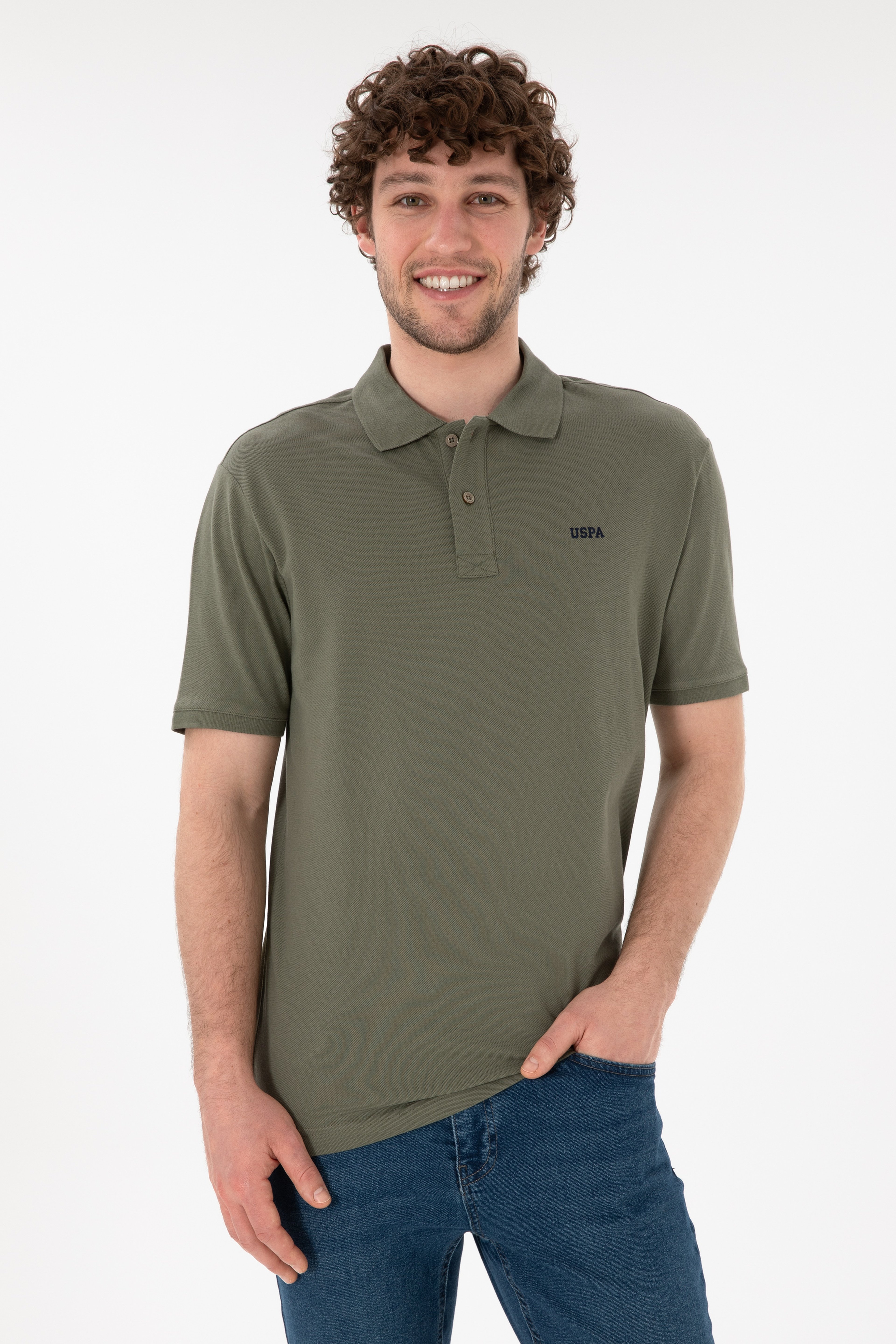 Erkek Regular Fit Polo Yaka Koyu Haki Basic Tişört - Image 1