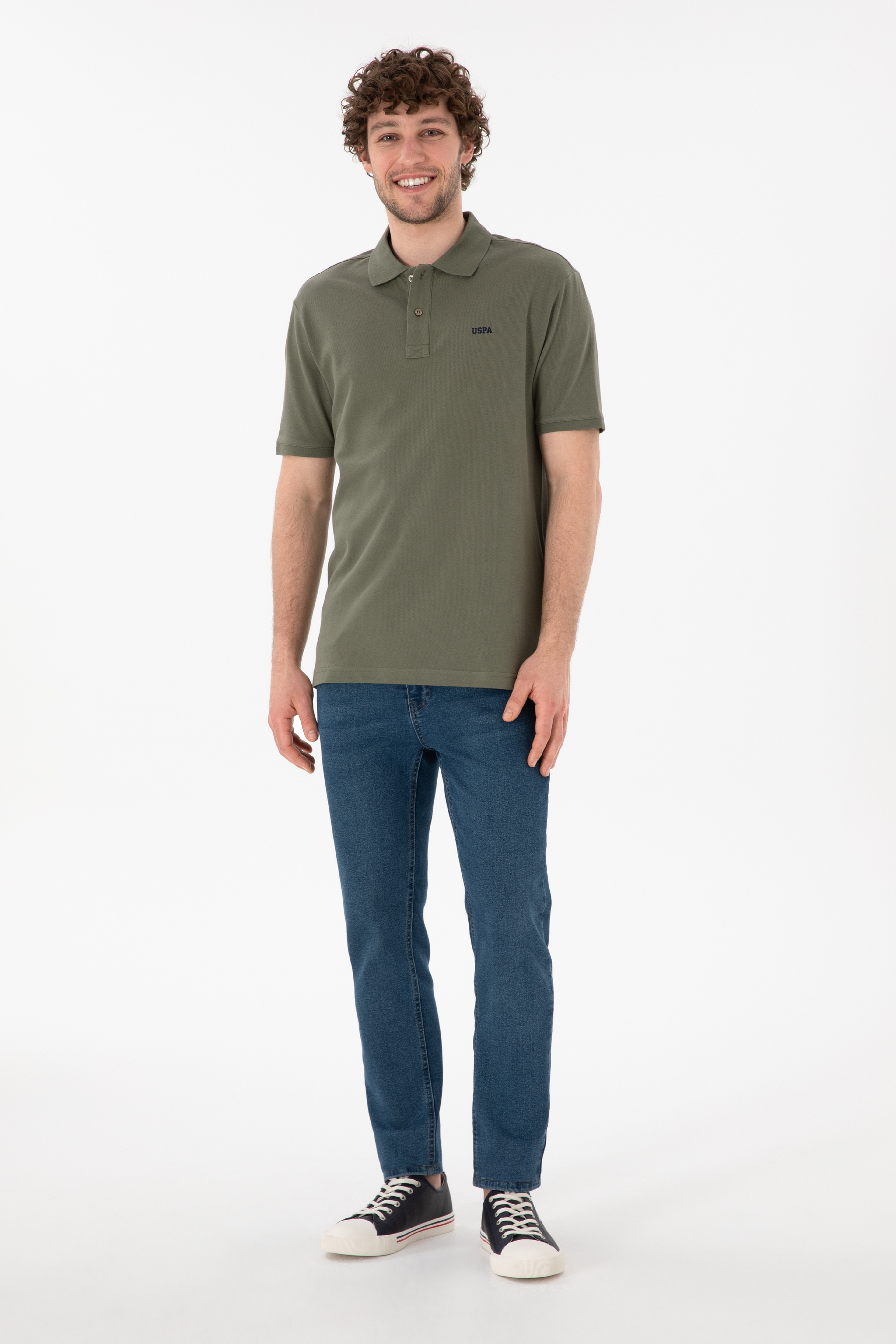 Erkek Regular Fit Polo Yaka Koyu Haki Basic Tişört