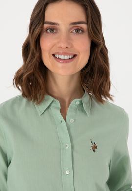 Kadın Su Yeşili Keten Karışımlı Uzun Kollu Basic Gömlek - 50298098068