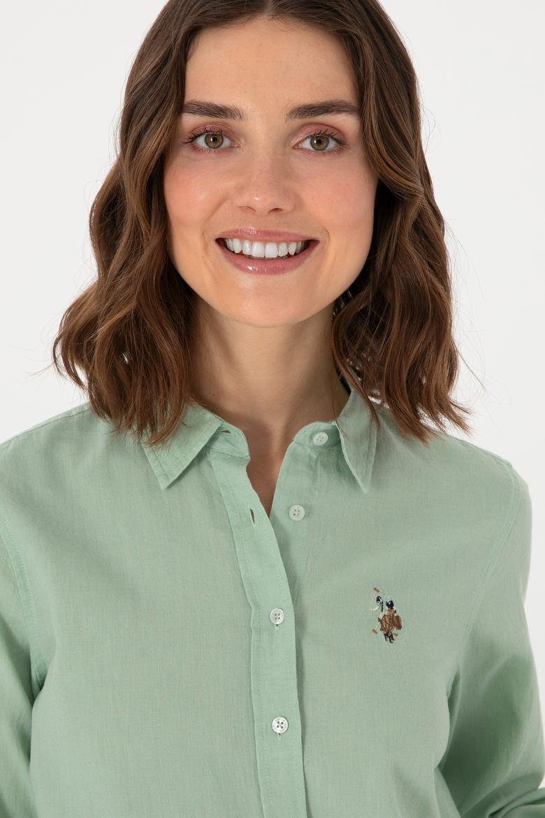 Kadın Su Yeşili Keten Karışımlı Uzun Kollu Basic Gömlek - 50298098068