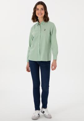 Kadın Su Yeşili Keten Karışımlı Uzun Kollu Basic Gömlek - 50298098068