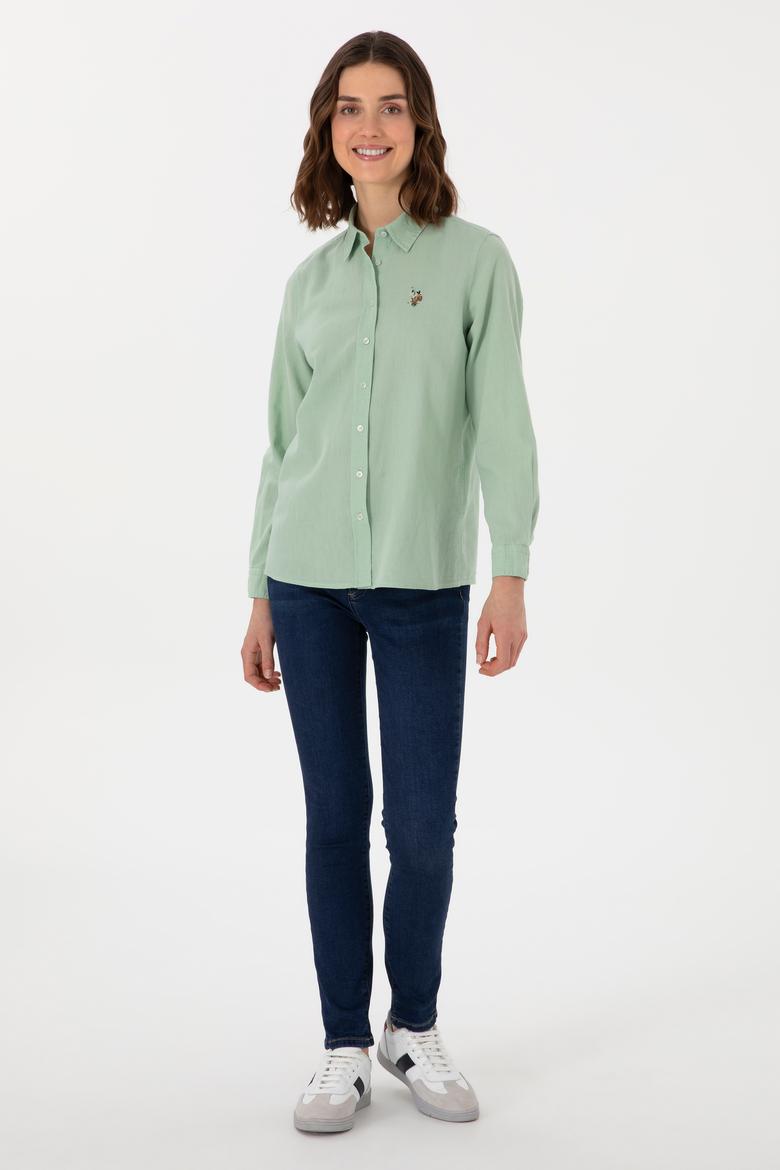 Kadın Su Yeşili Keten Karışımlı Uzun Kollu Basic Gömlek - 50298098068