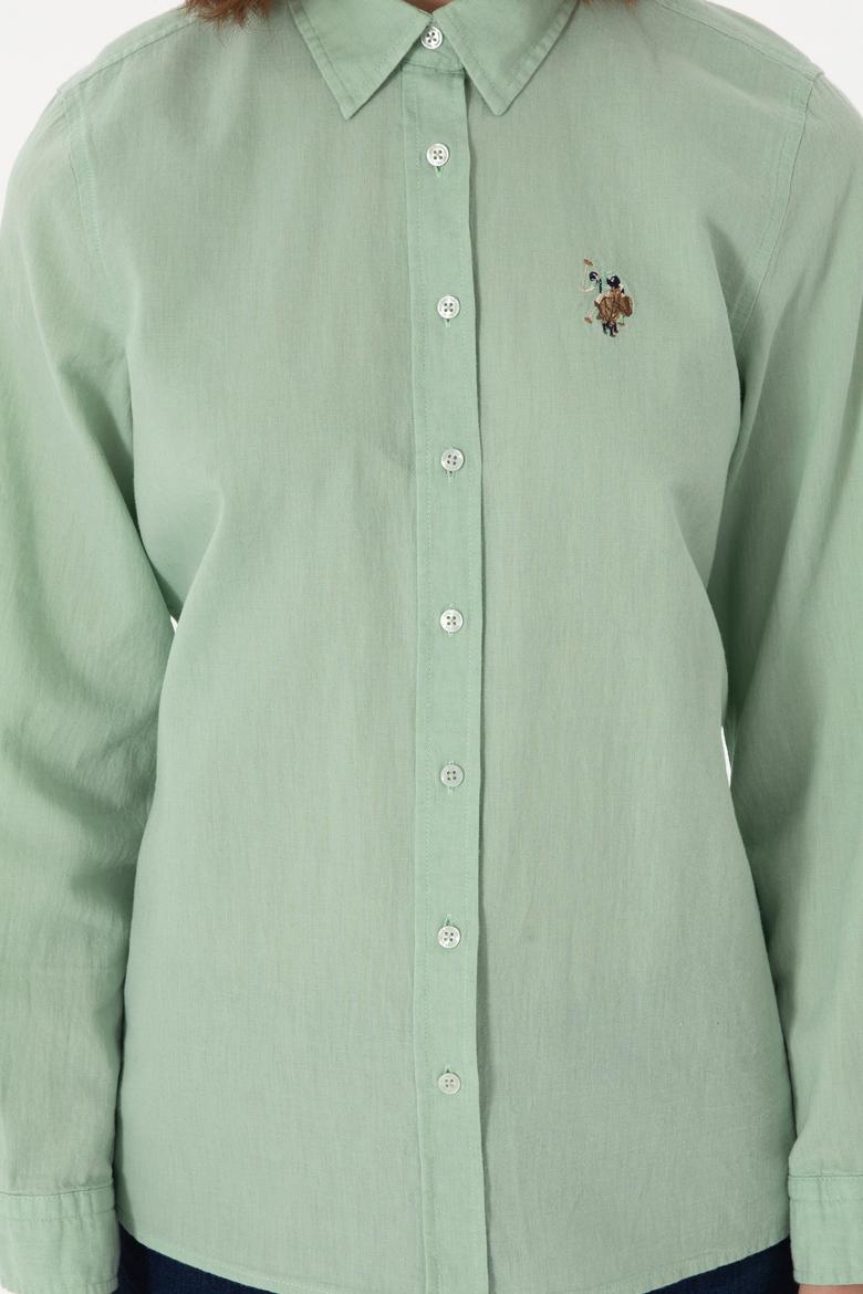 Kadın Su Yeşili Keten Karışımlı Uzun Kollu Basic Gömlek - 50298098068