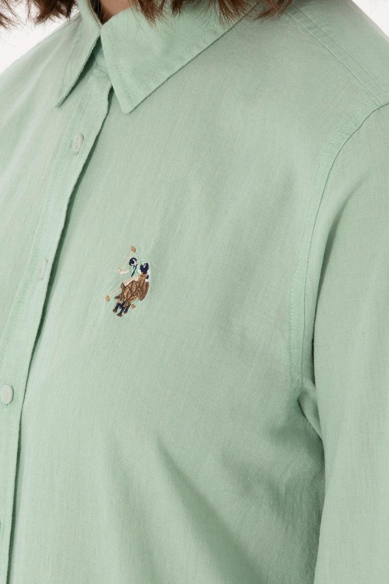 Kadın Su Yeşili Keten Karışımlı Uzun Kollu Basic Gömlek - 50298098068