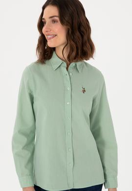 Kadın Su Yeşili Keten Karışımlı Uzun Kollu Basic Gömlek - 50298098068