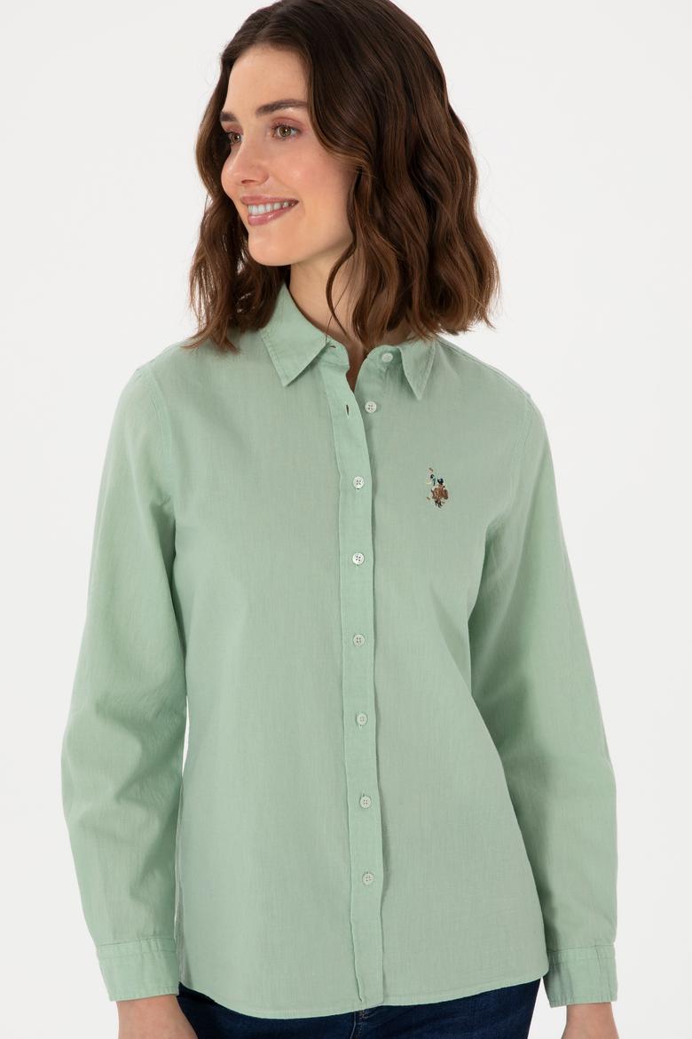 Kadın Su Yeşili Keten Karışımlı Uzun Kollu Basic Gömlek - 50298098068