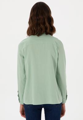 Kadın Su Yeşili Keten Karışımlı Uzun Kollu Basic Gömlek - 50298098068