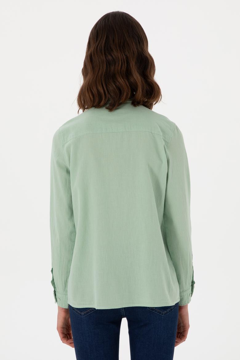Kadın Su Yeşili Keten Karışımlı Uzun Kollu Basic Gömlek - 50298098068