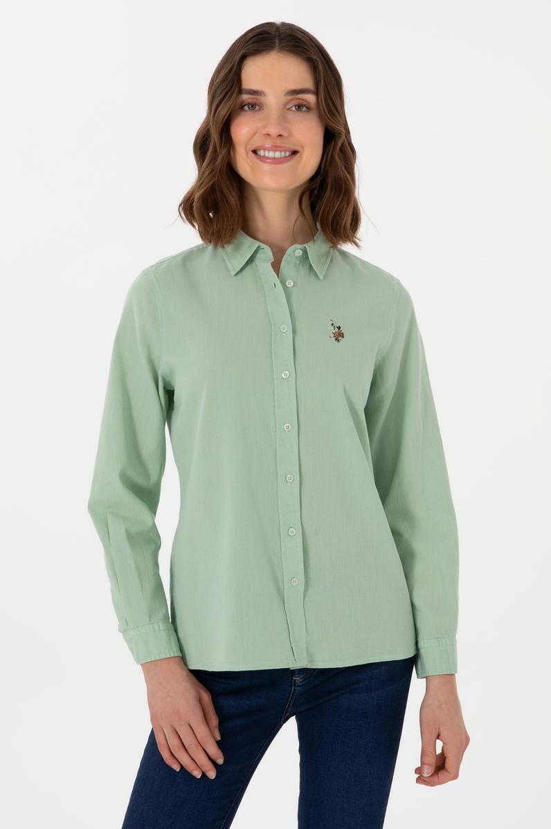 Kadın Su Yeşili Keten Karışımlı Uzun Kollu Basic Gömlek