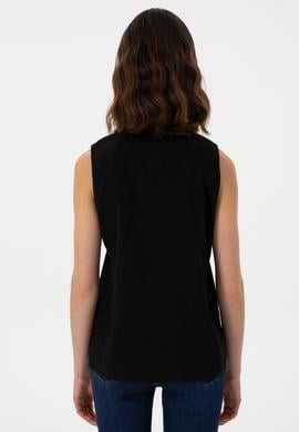 Kadın Siyah Keten Karışımlı Kısa Kollu Gömlek - 50298111056